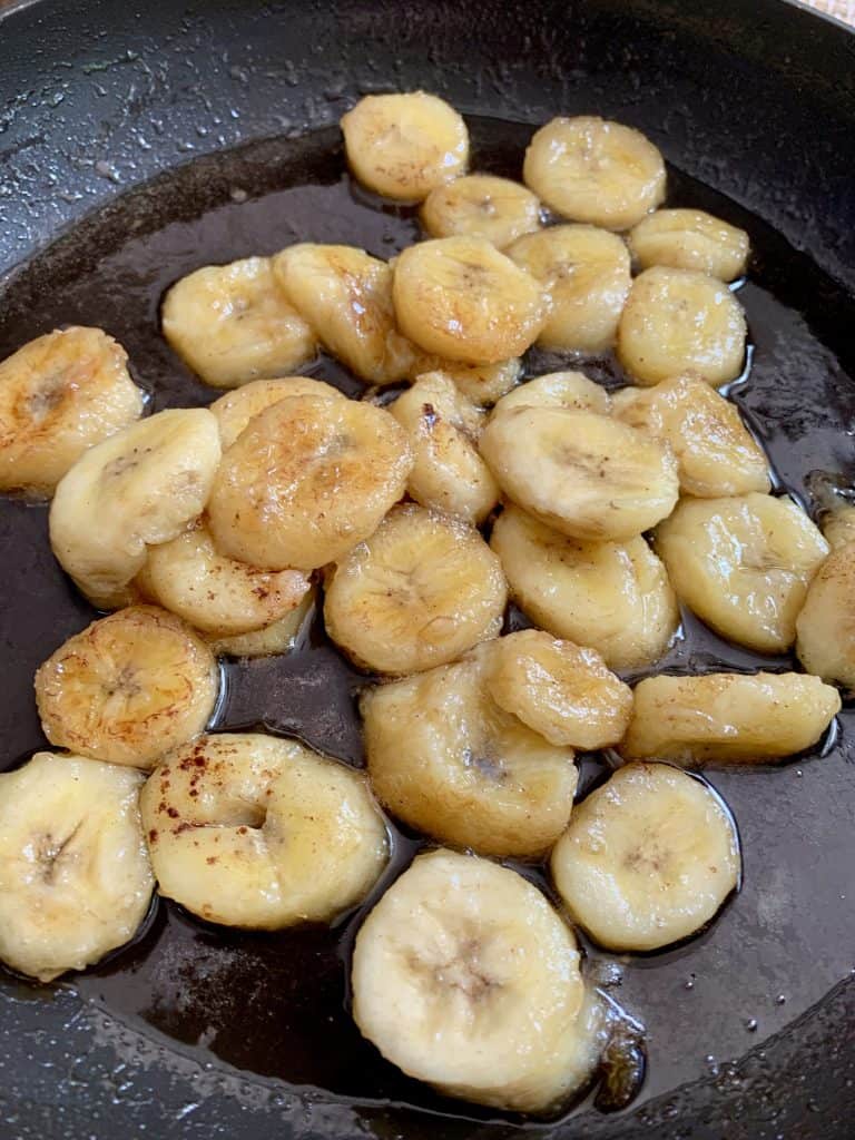 Sliced bananas in a pan
