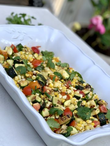 Grilled corn and zucchini salad with cilantro-lime-jalapeno dressing