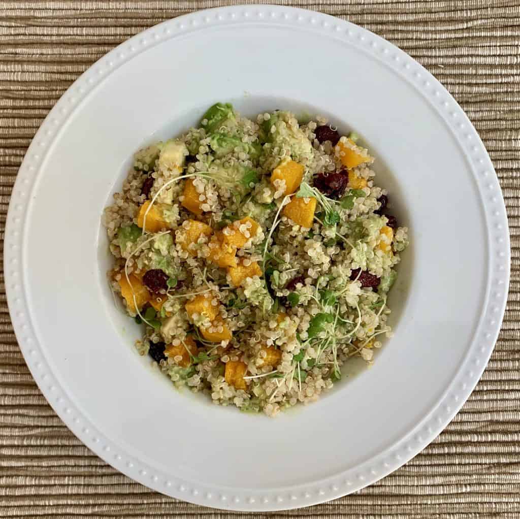 Roasted butternut squash and quinoa salad mixed together top view