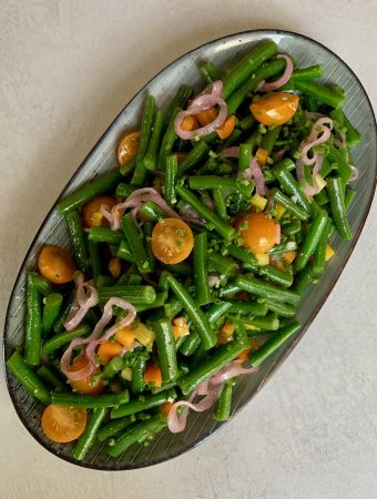 Green bean salad with pickled red onions and jalapeno mustard dressing