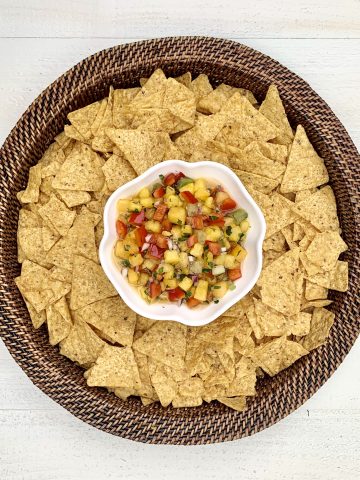 Yellow Watermelon Salsa with Tomatillo and chips displayed together